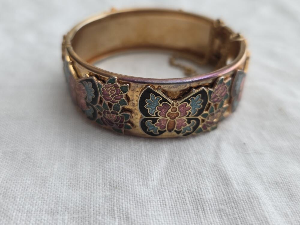 Gold Tone Hinged Bangle Bracelet With Cloisonné Butterflies & Safety Chain